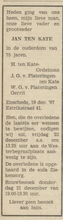 Estrikstraat 41 Jan ten Kate overlijdensadvertentie Tubantia 20-12-1967.jpg
