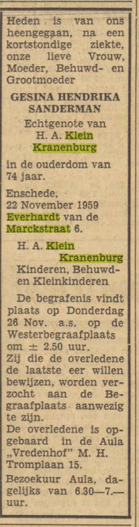 Everhardt van der Marckstraat 6 G.H. Klein Kranenburg-Sanderman overlijdensadvertentie Tubantia 23-11-1959.jpg