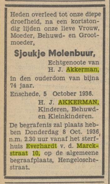 Everhardt van der Marckstraat 10 Sjoukje Akkerman-Molenbuur overlijdensadvertentie Tubantia 6-10-1936.jpg