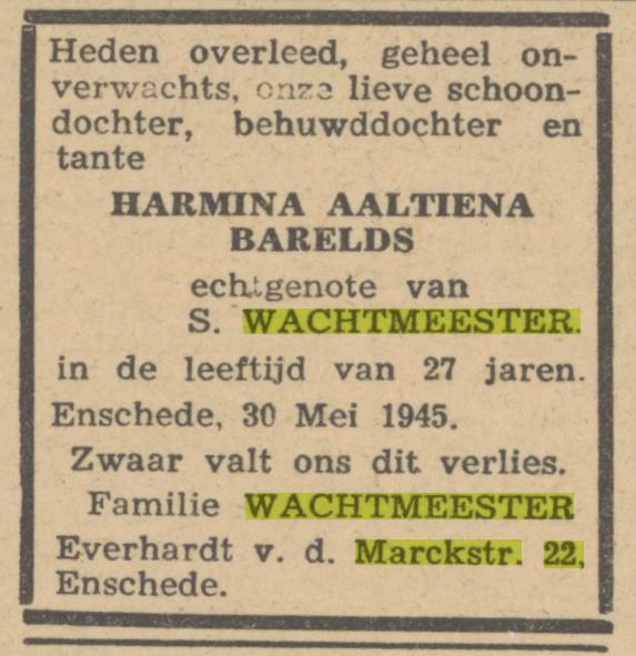 Everhardt van der Marckstraat 22 H.A. Wachtmeester-Barelds overlijdensadvertentie De Waarheid 1-6-1945.jpg