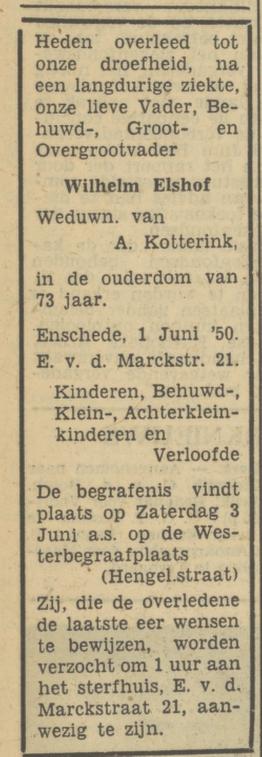 Everhardt van der Marckstraat 21 Wilhelm Elshof overlijdensadvertentie Tubantia 2-6-1950.jpg