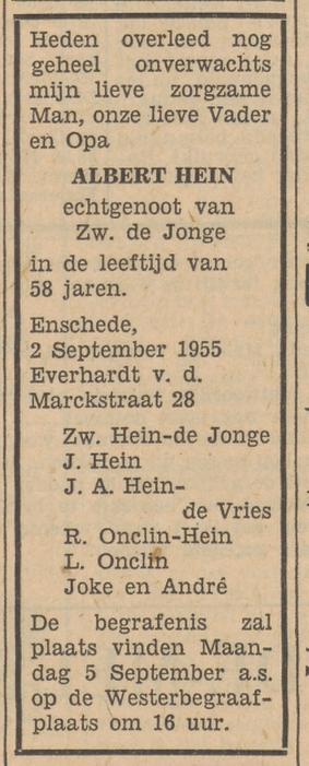 Everhardt van der Marckstraat 28 Albert Hein overlijdensadvertentie Tubantia 3-9-1955.jpg