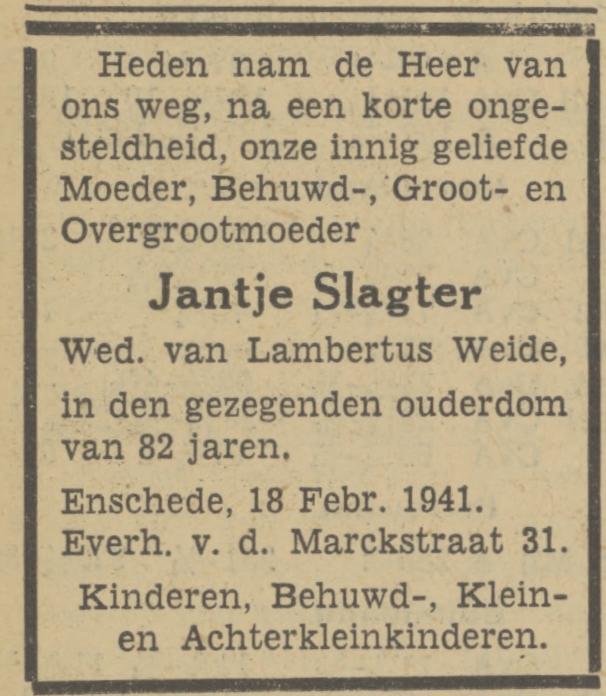 Everhardt van der Marckstraat 31 Wed. J. Weide-Slagter overlijdensadvertentie Tubantia 19-2-1941.jpg