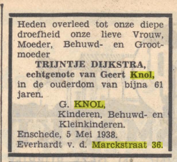 Everhardt van der Markstraat 36 Trijntje Knol-Dijkstra overlijdensadvertentie 6-5-1938.jpg