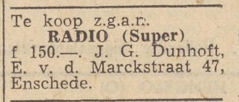 Everhardt van der Marckstraat 47 J.G. Dunhoft advertentie Tubantia 25-5-1951.jpg