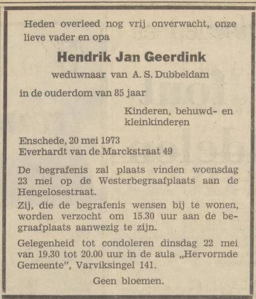 Everhardt van der Marckstraat 49 Hendrik Jan Geerdink overlijdensadvertentie Tubantia 21-5-1973.jpg