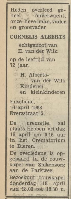Eversstraat 5 Cornelis Alberts overlijdensadvertentie Tubantia 18-4-1968.jpg