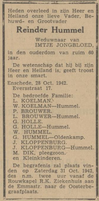 Eversstraat 17 Reinder Hummel overlijdensadvertentie Tubantia 29-10-1942.jpg
