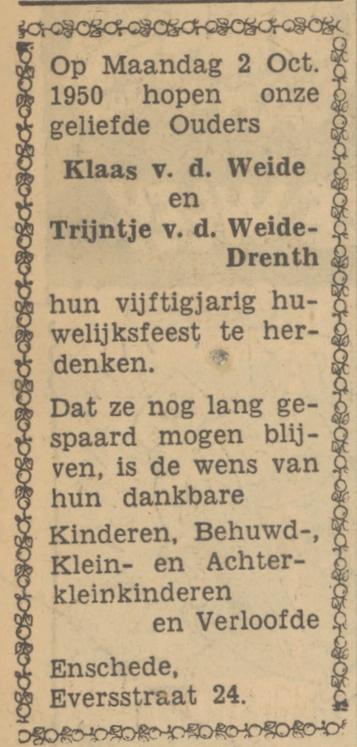 Eversstraat 24 Klaas van der Weide advertentie Tubantia 30-9-1950.jpg