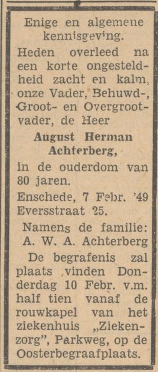 Everstraat 25 A.H. Achterberg overlijdensadvertentie Tubantia 8-1-1949.jpg