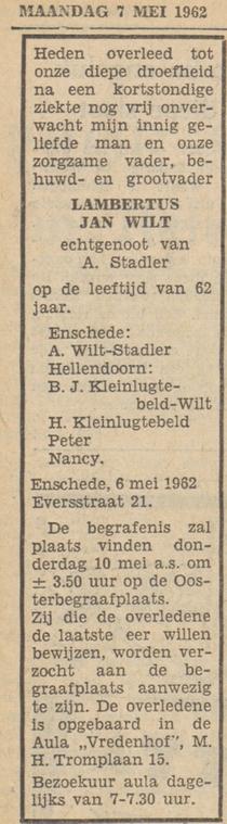 Eversstraat 21 L.J. Wilt overlijdensadvertentie Tubantia 7-1-1962.jpg