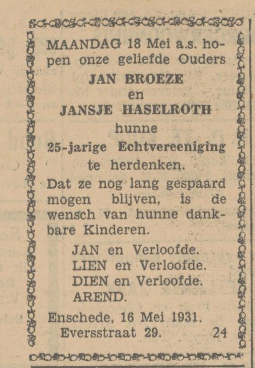 Eversstraat 29 Jan Broeze advertentie Tubantia 16-5-1931.jpg
