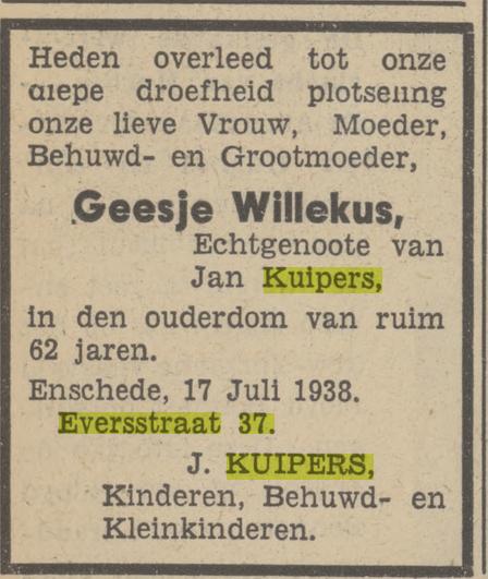 Eversstraat 37 Geesje Kuipers-Willekus overlijdensadvertentie Tubantia 18-7-1938.jpg