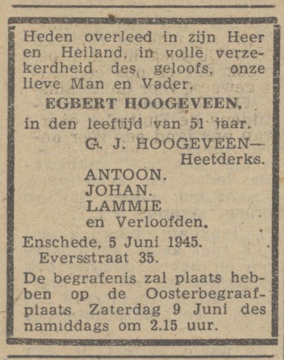 Eversstraat 35 Egbert Hoogeveen overlijdensadvertentie Trouw 7-6-1945.jpg