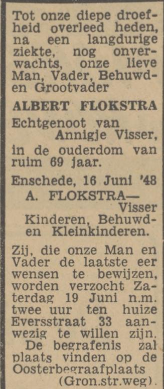 Eversstraat 33 Albert Flokstra overlijdensadvertentie Tubantia 16-6-1948.jpg