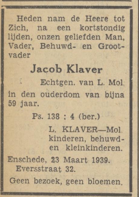 Eversstraat 32 Jacob Klaver overlijdensadvertentie Tubantia 24-3-1939.jpg