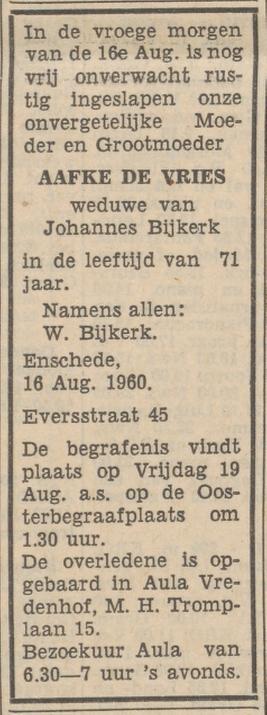 Eversstraat 45 Wed. A. Bijkerk-de Vries overlijdensadvertentie Tubantia 17-8-1960.jpg