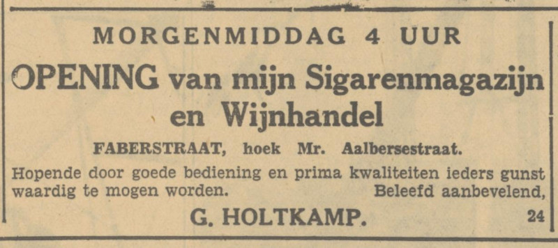 Faberstraat 24 G. Holtkamp sigarenmagazijn en wijnhandel advertentie Tubantia 5-5-1933.jpg