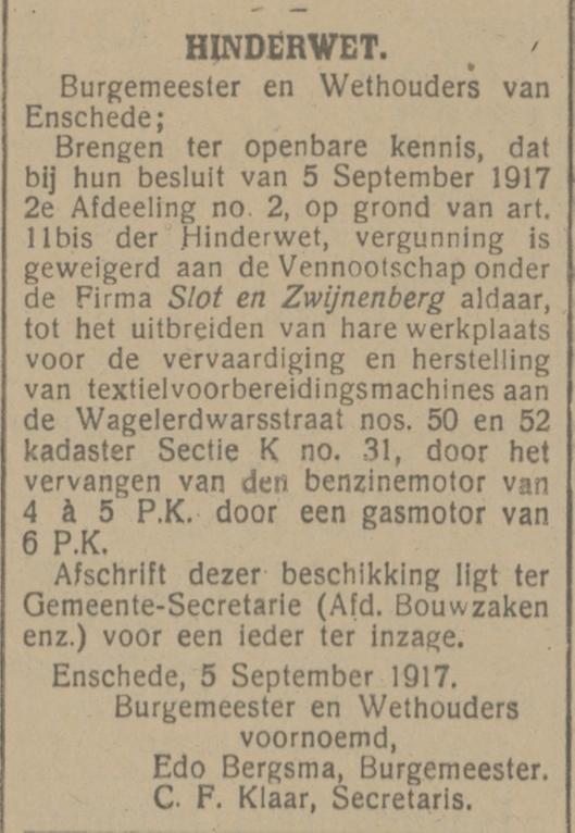 Wagelerdwarsstraat 50-52 Firma Slot en Zwijenberg Hinderwet krantenbericht Tubantia 6-9-1917.jpg
