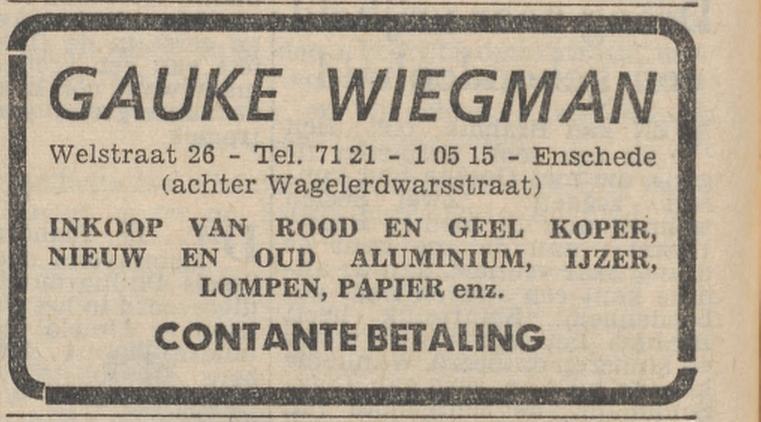 Welstraat 26 Gauke Wiegman inkoop koper ijzer lompen papier advertentie Tubantia 8-4-1961.jpg