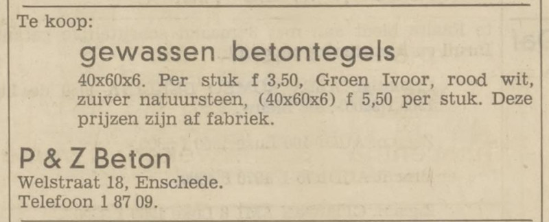 Welstraat 18 handelsonderneming P&Z Beton advertentie Tubantia 18-5-1973.jpg