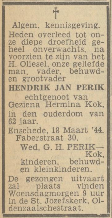 Faberstraat 30 Hendrik Jan Perik overlijdensadvertentie Twentsch nieuwsblad 21-3-1944.jpg