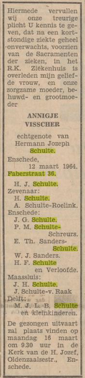 Faberstraat 36 Annigje Schulte-Visscher overlijdensadvertentie Tubantia 13-3-1964.jpg