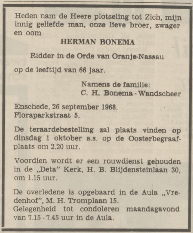 Floraparkstraat 5 H. Bonema overlijdensadvertentie Tubantia 27-9-1968.jpg