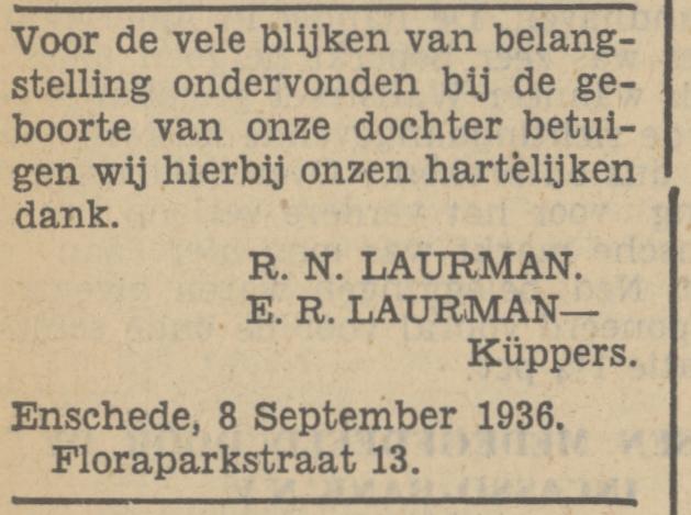 Floraparkstraat 13 R.N. Laurman advertentie Tubantia 8-9-1936.jpg