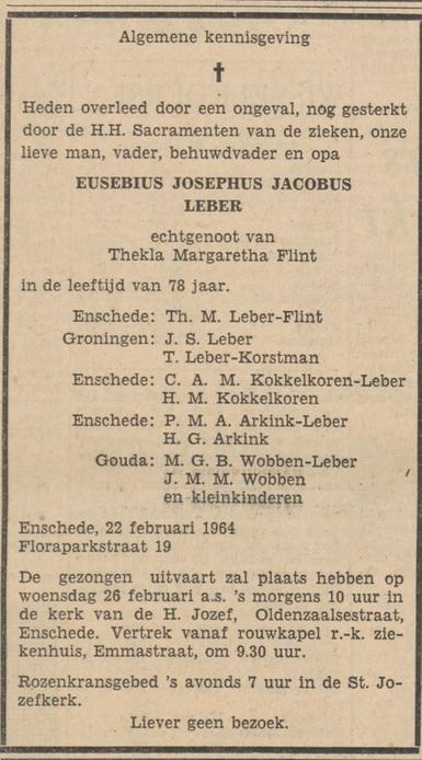 Floraparkstraat 19 E.J.J. Leber overlijdensadvertentie Tubantia 24-2-1964.jpg