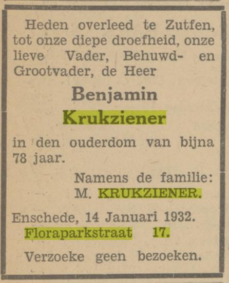 Floraparkstraat 17 Benjamin Krukziener overlijdensadvertentie Tubantia 16-1-1932.jpg