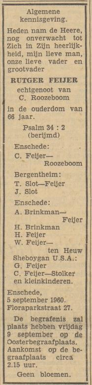 Floraparkstraat 27 Rutger Feijer overlijdensadvertentie Tubantia 7-9-1960.jpg