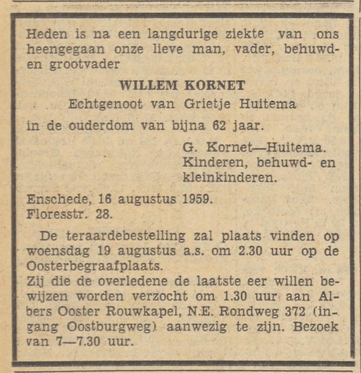 Floresstraat 28 Willem Kornet overlijdensadvertentie Tubantia 17-8-1959.jpg
