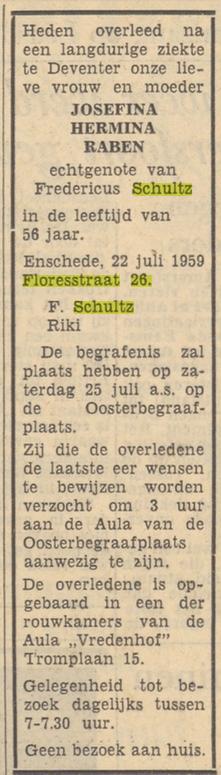 Floresstraat 26 J.H. Schultz-Raben overlijdensadvertentie 23-7-1959.jpg