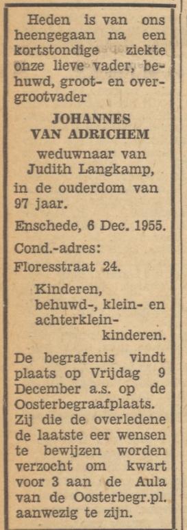 Floresstraat 24 Johannes van Adrichem overlijdensadvertentie Tubantia 7-12-1955.jpg