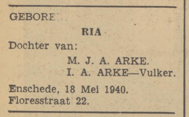 Floresstraat 22 M.J.A. Arke advertentie Tubantia 18-5-1940.jpg