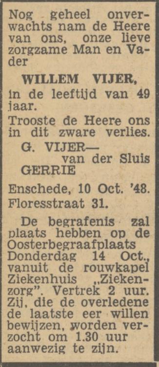 Floresstraat 31 Willem Vijer overlijdensadvertentie Tubantia 11-10-1948.jpg