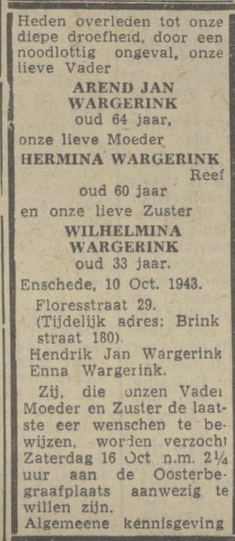 Floresstraat 29 A.J. Wargerink overlijdensadvertentie Twentsch nieuwsblad 15-10-1943.jpg