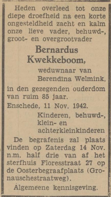 Floresstraat 27 Bernardus Kwekkeboom overlijdensadvertentie Tubantia 12-11-1942.jpg