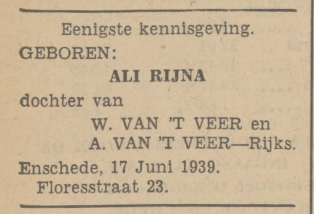 Floresstraat 23 W. van ´t Veer advertentie Tubantia 19-6-1939.jpg