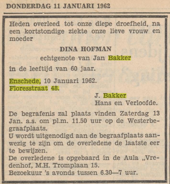 Floresstraat 48 Dina Bakker-Hofman overlijdensadvertentie Tubantia 11-1-1962.jpg