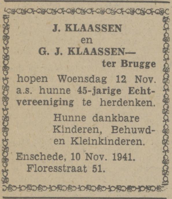 Floresstraat 51 J. Klaassen advertentie Tubantia 10-11-1941.jpg