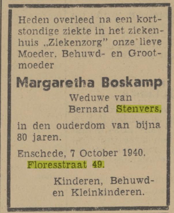Floresstraat 49 Wed. M. Stenvers-Boskamp overlijdensadvertentie Tubantia 8-10-1940.jpg