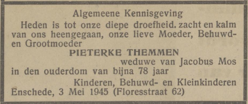 Floresstraat 62 Wed. P. Mos-Themmen overlijdensadvertentie Het Parool 5-5-1945.jpg