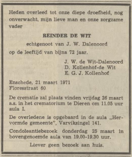 Floresstraat 60 Reinder de Wit overlijdensadvertentie Tubantia 23-3-1971.jpg