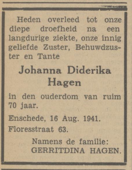 Floresstraat 63 J.D. Hagen overlijdensadvertentie Tubantia 18-8-1941.jpg