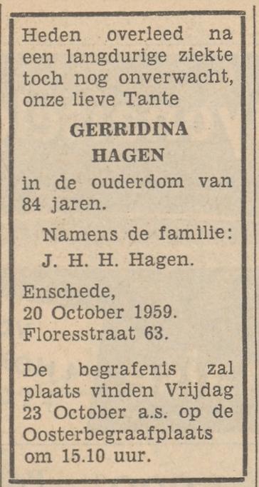 Floresstraat 63 Gerridina Hagen overlijdensadvertentie Tubantia 22-10-1959.jpg