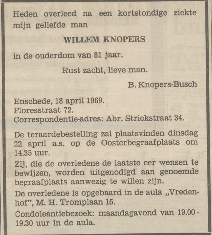 Floresstraat 72 Willem Knopers overlijdensadvertentie Tubantia 18-4-1969.jpg