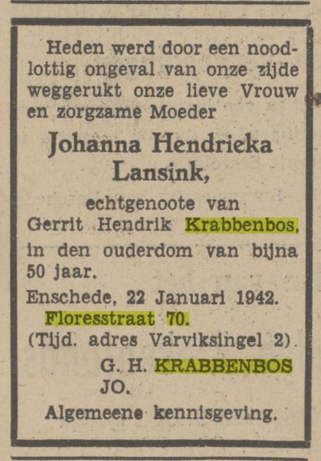 Floresstraat 70 J.H. Krabbenbos-Lansink overlijdensadvertentie Tubantia 24-1-1942.jpg