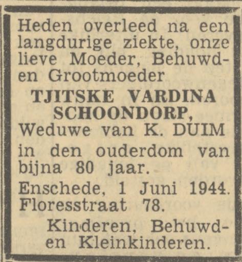 Floresstraat 78 wed. Tj.V. Duim-Schoondorp overlijdensadvertentie Twentsch nieuwsblad 3-6-1944.jpg